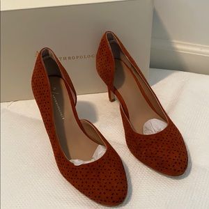 Anthropologie Laser Cut Suede Heel, Rust, 7.5
